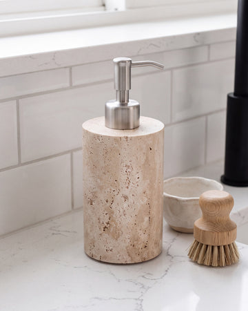 ZAVO - Handcrafted Turkish Beige Travertine Soap Dispenser with Silver Pump - Ø3.0 x H4.7 in