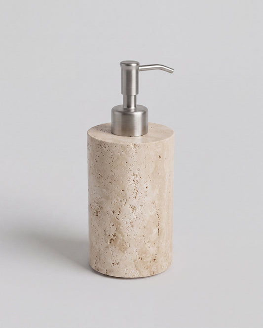 ZAVO - Handcrafted Turkish Beige Travertine Soap Dispenser with Silver Pump - Ø3.0 x H4.7 in