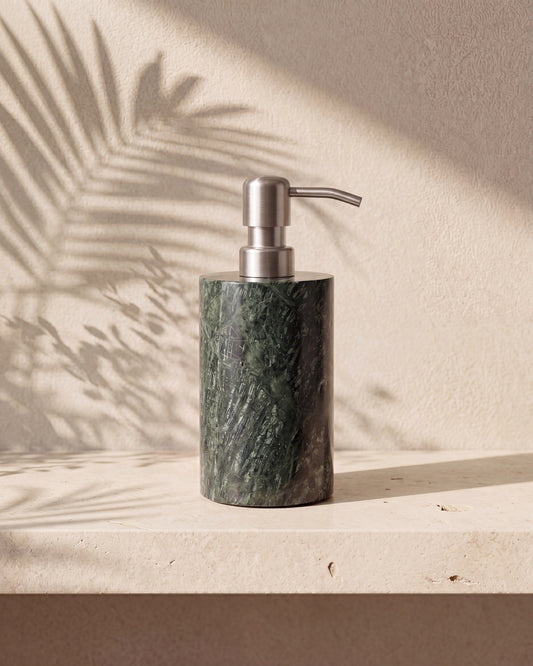 ZAVO - Handcrafted Indian Green Marble Soap Dispenser with Silver Pump - Ø3.0 x H4.7 in
