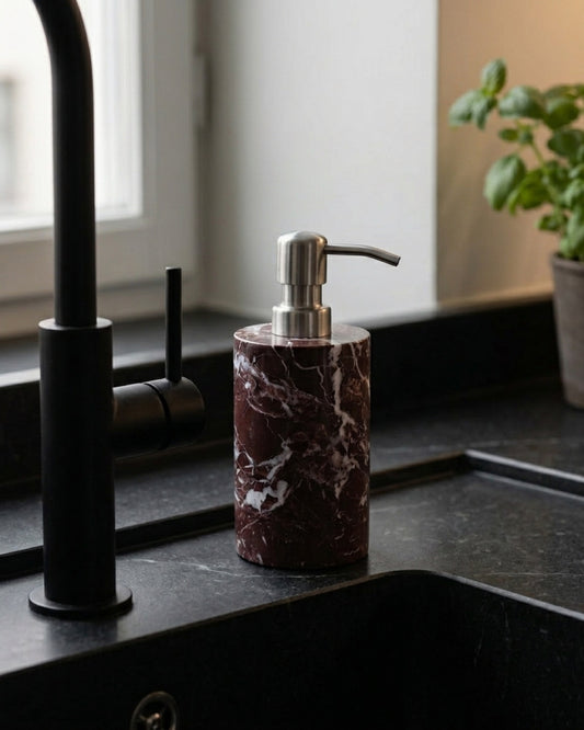 ZAVO - Handcrafted Turkish Rosa Levanto Marble Soap Dispenser with Silver Pump - Ø3.0 x H4.7 in